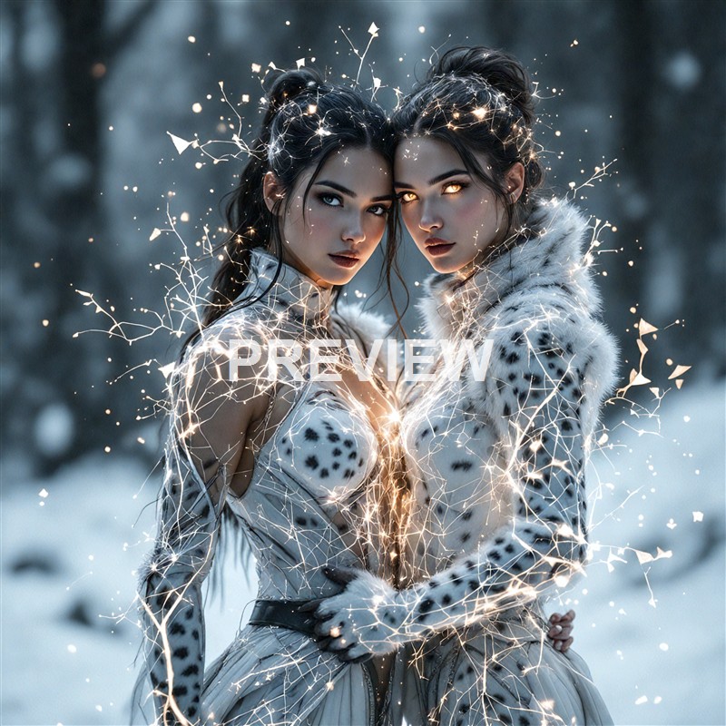 Two women dressed in white, furry, spotted costumes stand close together in a snowy forest, with glowing sparks and light effects emanating from their bodies and hair, creating a magical and mystical atmosphere.